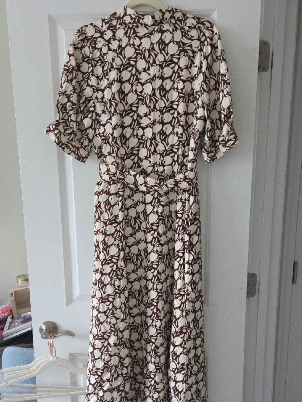 LOFT Cream and Brown Floral Midi Shirt Dress with Tie Waist - Picture 8 of 9
